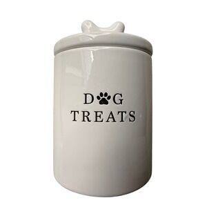 Barnyard Designs White Ceramic Dog Treat Canister Jar with Bone Handle Lid‎